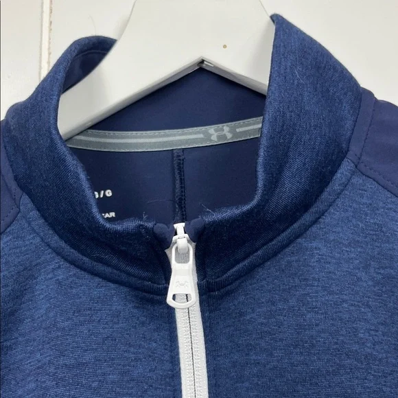 Under Armor Mens Cold Gear Jacket L Navy Blue White 1/2 Front Zip Pockets EUC - Picture 3 of 15
